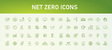 NET ZERO Banner Icons, Carbon Neutral And Net Zero Concept. Natural Environment A Climate-neutral Long-term Strategy Greenhouse Gas Emissions Targets Wooden Block With Green Net Center Icon