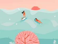 Hand Drawn Vector Stock Abstract Graphic Illustration With A Swimming Surfer Girls In Ocean Waves Landscape And Sundown View Isolated On Blue Background.Boho Feminine Design Concept Art.