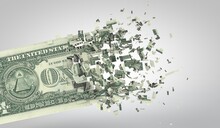 One Dollar Bill Breaking Into Pieces. Inflation And Recession Concept. 3D Rendering