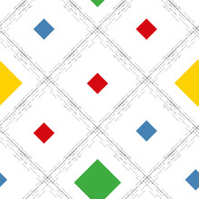 Bauhaus Style Diagonal Vector Grid With Grunge Textured Brush Strokes And Mondrian Colored Rhombus Squares. Seamless Trellis Criss Cross Background. Regular Linear Minimalistic Geometric Backdrop.
