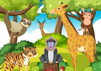 Sticker - Cute wild animals in the forest