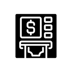 Wall Mural - ATM black glyph icon. Automated teller machine. Withdrawing cash. Financial transactions. Computerized device. Silhouette symbol on white space. Solid pictogram. Vector isolated illustration