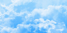 Blue Skies With White Clouds Background. Romantic Sky. Abstract Nature Background Of Romantic Summer Blue Sky With Fluffy Clouds. Beautiful Puffy Clouds In Bright Blue Sky In Day Sunlight.><