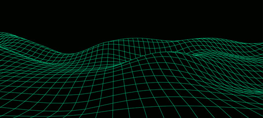 Poster - abstract vector distorted technology wireframe wave. curve surface background. dark background with 
