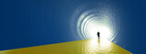 Fototapeta Perspektywa 3d - Concept or conceptual blue and yellow tunnel, the Ukrainian flag colors, with a bright light at the end as metaphor to hope and faith. A 3d illustration of a black silhouette of walking man to freedom