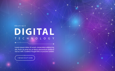 Digital technology banner pink blue background concept with technology line light effect, abstract tech, innovation future data, orange sky color, big data, lines dots connection, illustration vector