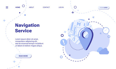 Navigation service concept web banner or landing page template with map pin icon flat illustration