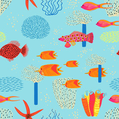 Wall Mural - Whimsica seamless pattern with underwater life