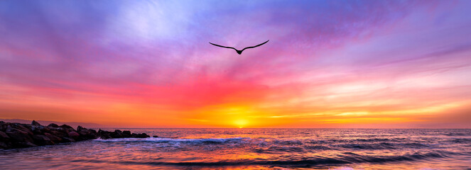 Wall Mural - Ocean Sunset Inspirational Bird Banner