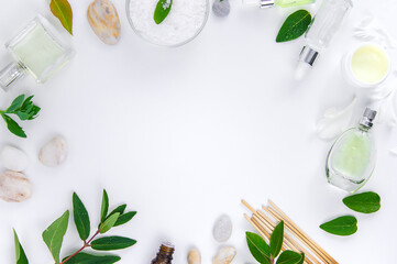 Background spa cosmetics and oils and herbs. Selective focus.