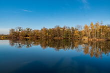 Pond With Colorful Trees Around During Autumn Day With Clear Sky