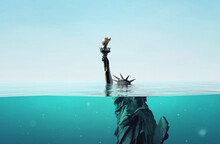 Big Flood. Statue Of Liberty Under Water After Melting All Glaciers. Climate Change Poster. 3d Rendering Illustration.