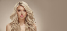 Much Attractive Blonde Woman With Long Healthy Curly Hair On Beige Isolated With Free Copy Space