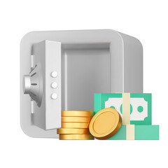 Poster - Safe with the money 3d icon. Money is close by. Isolated object on a transparent background