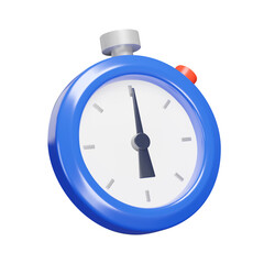 Stopwatch 3d icon. Blue timer with red button. Isolated object on a transparent background