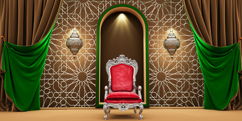 Wall Mural - moroccan arc door with green and golden curtains on the side and arabesque style and king armchair, islamic vip concept, ramadan, eid mubarak, green and gold curtains, 3D render