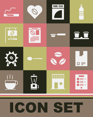 Sticker - Set Coffee menu, Bag coffee beans, cup to go, paper filter, Newspaper and, Street signboard, Cigarette and holder icon. Vector