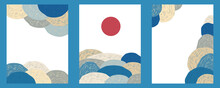 Japanese Wave Landscape Vector Illustration. Set Of Poster Designs For Creting Marketing Materials. Asian Style Banner Or Flyer