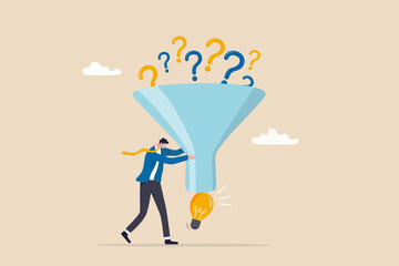 Solving problem, solution or result from business difficulty, research or discover new idea, creativity to answer questions, smart businessman with funnel or filter to get solution from question mark.