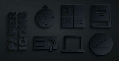 Poster - Set Laptop, Book, Certificate template, Acute angle, Calculator and Clock icon. Vector