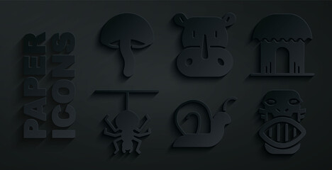 Poster - Set Snail, African hut, Spider, Mexican mayan or aztec mask, Rhinoceros and Mushroom icon. Vector