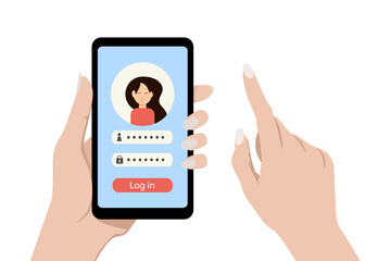 Vector smartphone in female hands with a page of login to the personal account isolated on white