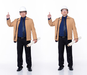 Wall Mural - Full length 60s 50s Asian Senior man business engineer architect, pointing finger up in Air