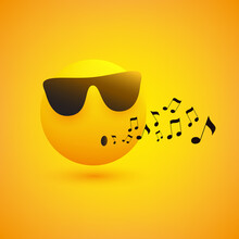Singing Or Whistling Emoji - Emoticon Face Wearing Sunglasses On Yellow Background - Vector Design Concept