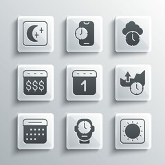 Sticker - Set Clock, Sun, Stocks market growth graphs, Calendar, Payday, calendar with dollar, Moon and stars and icon. Vector