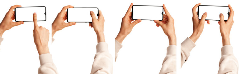 A man holds in his hands a blank black smartphone screen with a modern frameless design. Four positions isolated on white background