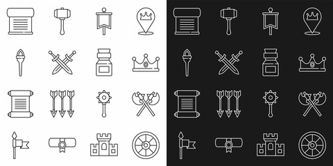 Canvas Print - Set line Round wooden shield, Crossed medieval axes, King crown, Medieval flag, sword, Torch flame, Decree, parchment, scroll and Poison bottle icon. Vector