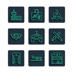 Poster - set line metal detector in airport, plane, aircraft hangar, propeller, drone remote control, aviatio