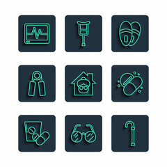 Wall Mural - Set line Medicine pill or tablet, Eyeglasses, Walking stick cane, Slippers, Nursing home, Sport expander, Monitor with cardiogram and icon. Vector