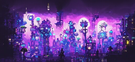 Wall Mural - Fantasy retro futuristic city at night with bright neon lights. Pixel art. 3D illustration in a style of computer graphics of 80's.