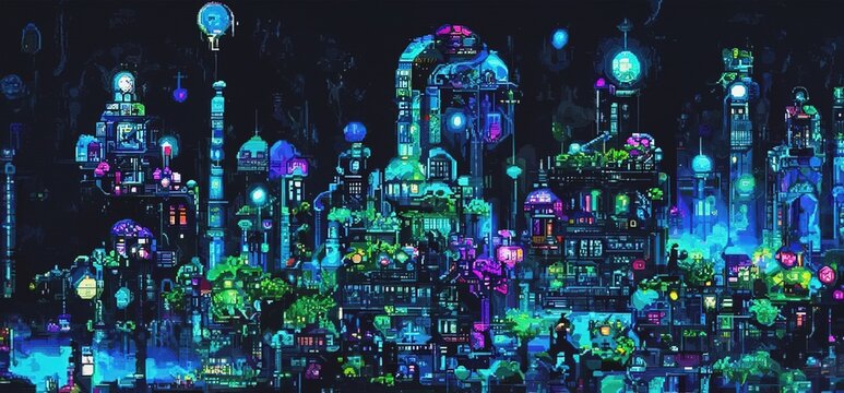 Fantasy retro futuristic city at night with bright neon lights. Pixel art. 3D illustration in a style of computer graphics of 80's.