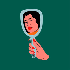 Wall Mural - Woman's hand holding mirror reflexing her beautiful face. Lady staring at herself in mirror reflection. Hand drawn isolated Vector illustration. Cartoon flat style. Self love, acceptance concept