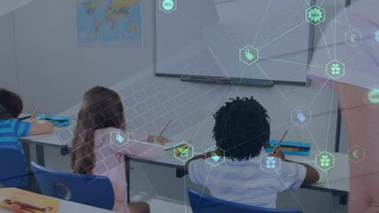 Canvas Print - Animation of network of connections and laptop over diverse schoolchildren and teacher in classroom