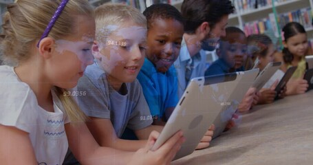 Poster - Animation of data processing over diverse schoolchildren and teacher using tablets in classroom
