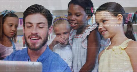 Poster - Animation of data processing over diverse schoolchildren and teacher using tablet