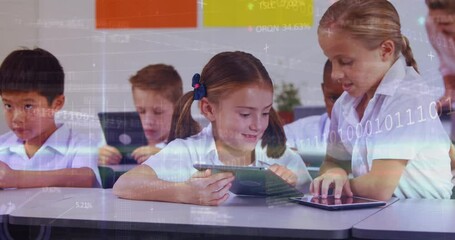 Poster - Animation of data processing over diverse schoolchildren and teacher using tablet