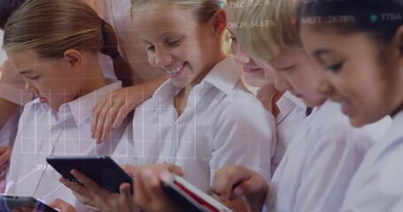 Poster - Animation of data processing over diverse schoolchildren and teacher using tablets in classroom