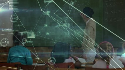 Poster - Network of connections and data processing against caucasian female teacher teaching at school