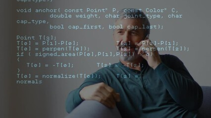 Poster - Data processing against caucasian senior man talking on smartphone sitting on the couch at home