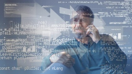 Poster - Data processing against caucasian senior man talking on smartphone sitting on the couch at home