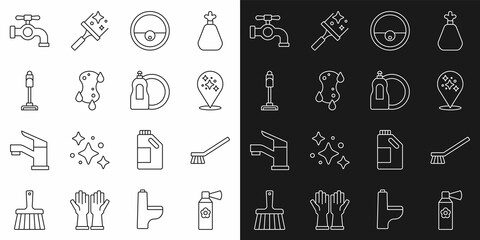 Sticker - Set line Air freshener spray bottle, Brush for cleaning, Home service, Robot vacuum cleaner, Sponge, Vacuum, Water tap and Dishwashing liquid icon. Vector