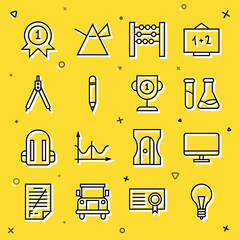 Sticker - Set line Light bulb with concept of idea, Computer monitor screen, Test tube and flask, Abacus, Pencil eraser, Drawing compass, Medal and Award cup icon. Vector