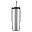 Reusable insulated steel tumbler cup with black lid and metal drinking straw realistic vector mock-up. Travel thermo mug mockup