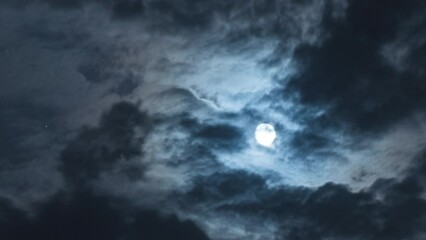 full moon with moving black clouds. nighttime timelapse. clouds floating through the bright disk of 