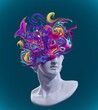 3D rendering illustration of a broken marble fragment of head sculpture in classical style with colorful exploding swirls from broken side and isolated on dark background.