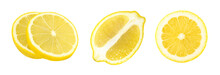 Lemon Fruit Slices And Half Isolated On White Background, Fresh And Juicy Lemon